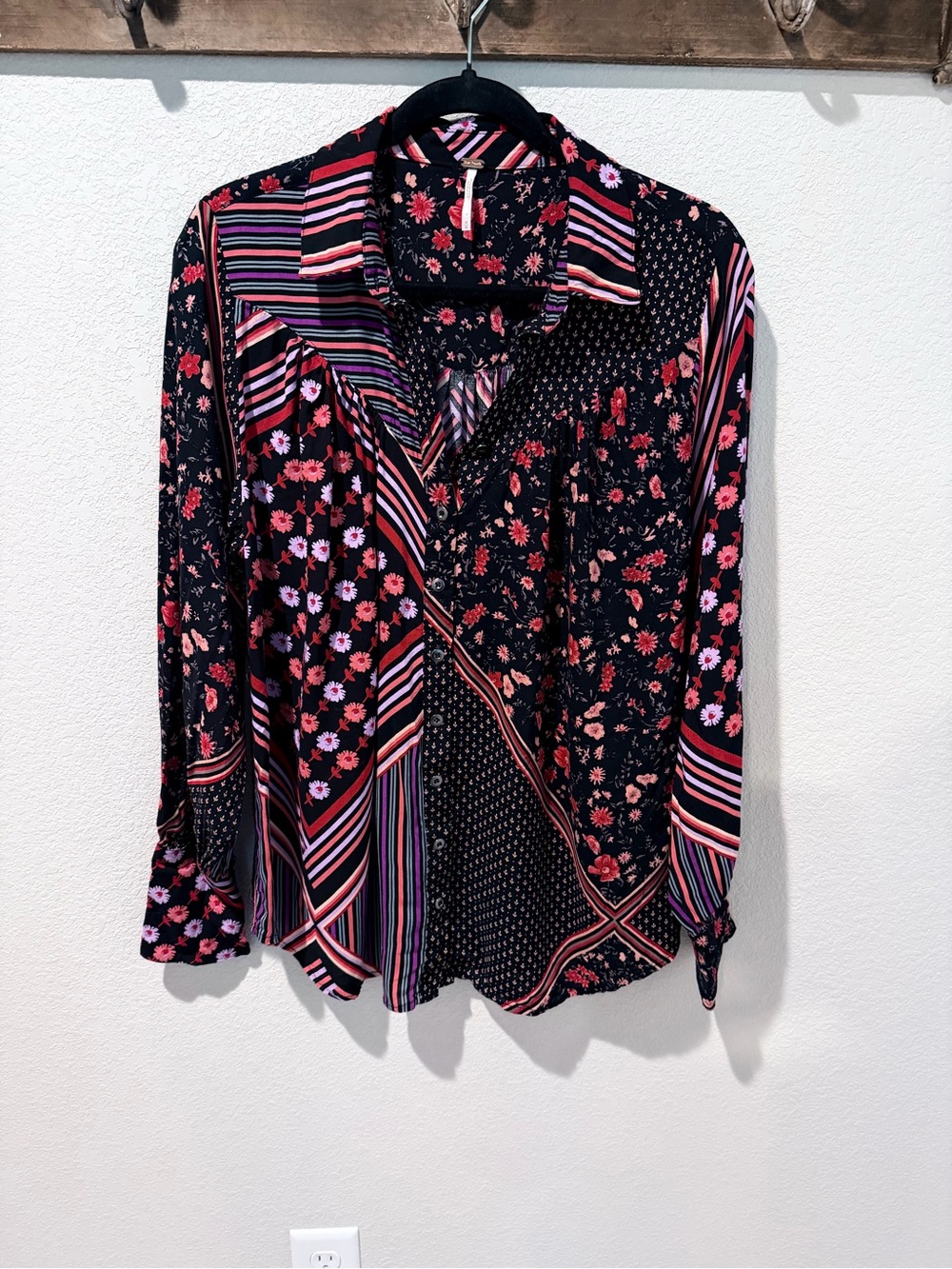 Free People Black Button-Up Patchwork Floral & Stripe Blouse